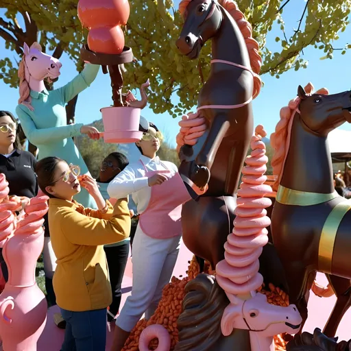 Prompt: A game screenshot of people making giant chocolate-bark animals in an outdoor food factory, in the style of Pixar animation, Unreal Engine, on a solid blue background with trees and a lake. Many small workers are standing around large chocolate sculptures shaped like horses, all made from different types of brown sugar. A black table is covered with yellow pots for painting them. In front, there's another group of people wearing aprons that stand at two tall, predominantly white tables covered with orange-colored glasses full of coffee beans.