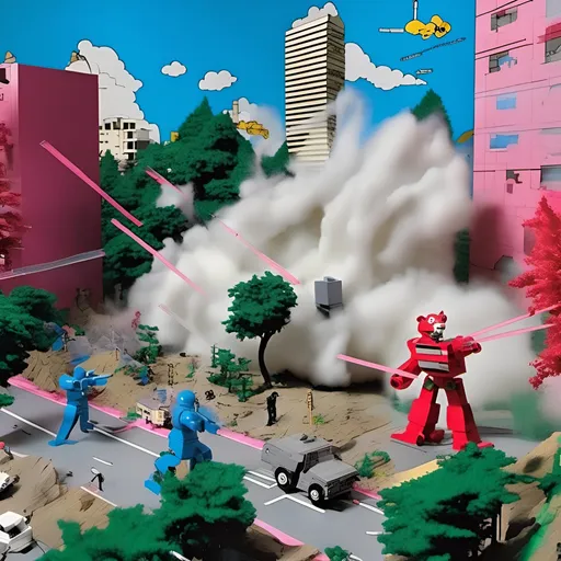 Prompt: This is a photograph of a detailed diorama featuring a cityscape under attack. The scene is populated with LEGO figures, including a yellow lion, a blue robot, a red robot, and a human soldier. The background shows a building labeled "Avengers" in red, with explosions and broken structures. The diorama is set against a backdrop of trees and buildings, all in vibrant colors, creating a dynamic and chaotic atmosphere.