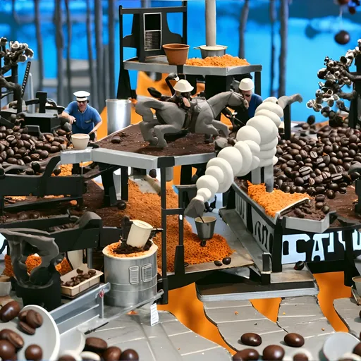 Prompt: A game screenshot of people making giant chocolate-bark animals in an outdoor food factory, in the style of Pixar animation, Unreal Engine, on a solid blue background with trees and a lake. Many small workers are standing around large chocolate sculptures shaped like horses, all made from different types of brown sugar. A black table is covered with yellow pots for painting them. In front, there's another group of people wearing aprons that stand at two tall, predominantly white tables covered with orange-colored glasses full of coffee beans.