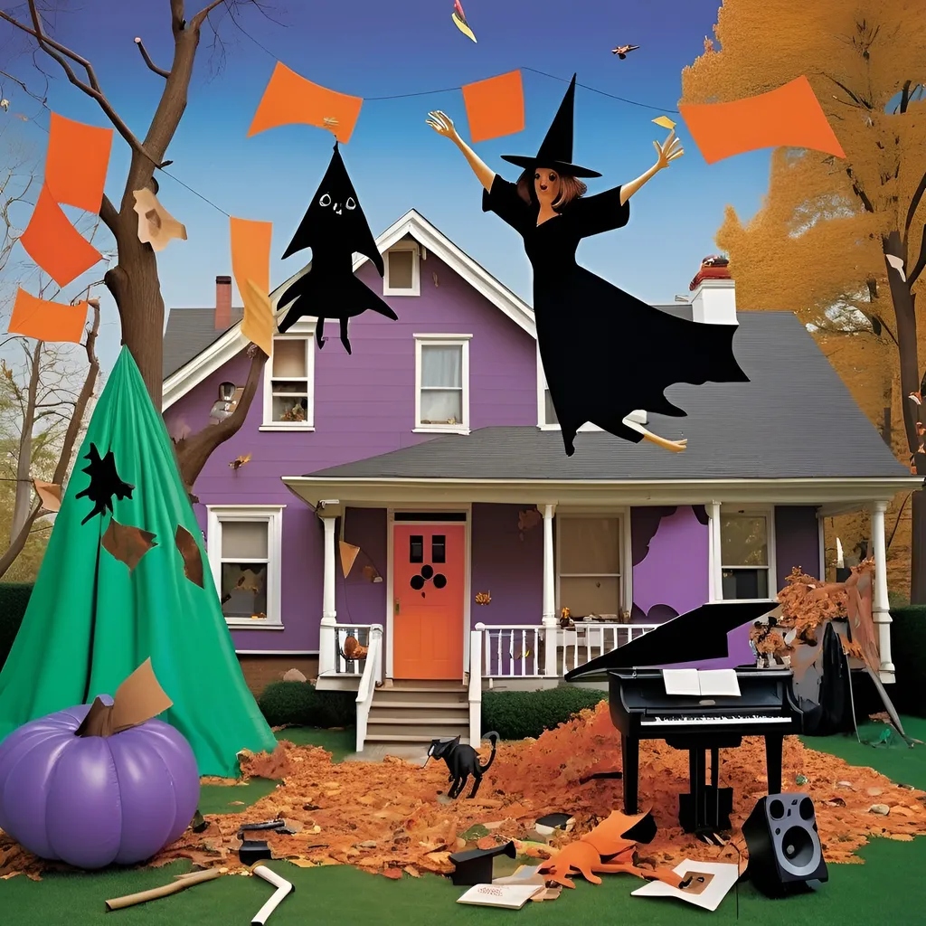 Prompt: A photo of an elaborate Halloween decoration in the front yard of a house. The decoration includes Halloween lights, recorders, and other sound equipment for video shooting. A purple inflatable witch with orange wings is flying around. The street is covered in fallen leaves. In autumn, there is no snow on the ground, which is decorated with colorful flags and paper cutouts. There was also a fireworks display at night, in the style of David LaChapelle and Tim Walker.