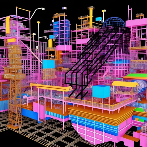 Prompt: Cyberfuturistic," "Cinematic Still of the." The most detailed wireframe hologram render drawing in an architectural style of complex construction with multiple levels and structures, set within an industrial factory, with colorful neon lines and grid patterns on a black background. In the style of cyberpun




