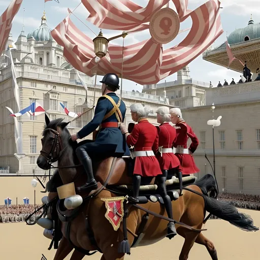 Prompt: a group of people riding on the back of horses, a cartoon, by Alison Debenham, royal palace, parade setting, digital illustrations, queen elizabeth ii, a wide shot, by jake parker, laurent durieux, card, looking sad, tatsuro kiuchi, military parade, dezeen