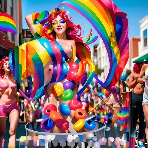 Prompt: A vibrant and colorful photo shows a beautiful girl in a rainbow costume dancing with other people at an outdoor gay pride parade on the streets of San Francisco during a sunny day. She is wearing high heels in a full body shot, with very detailed face and hair, detailed eyes, and sharp focus in an ultra realistic photography style captured with a Canon EOS R5 camera.
