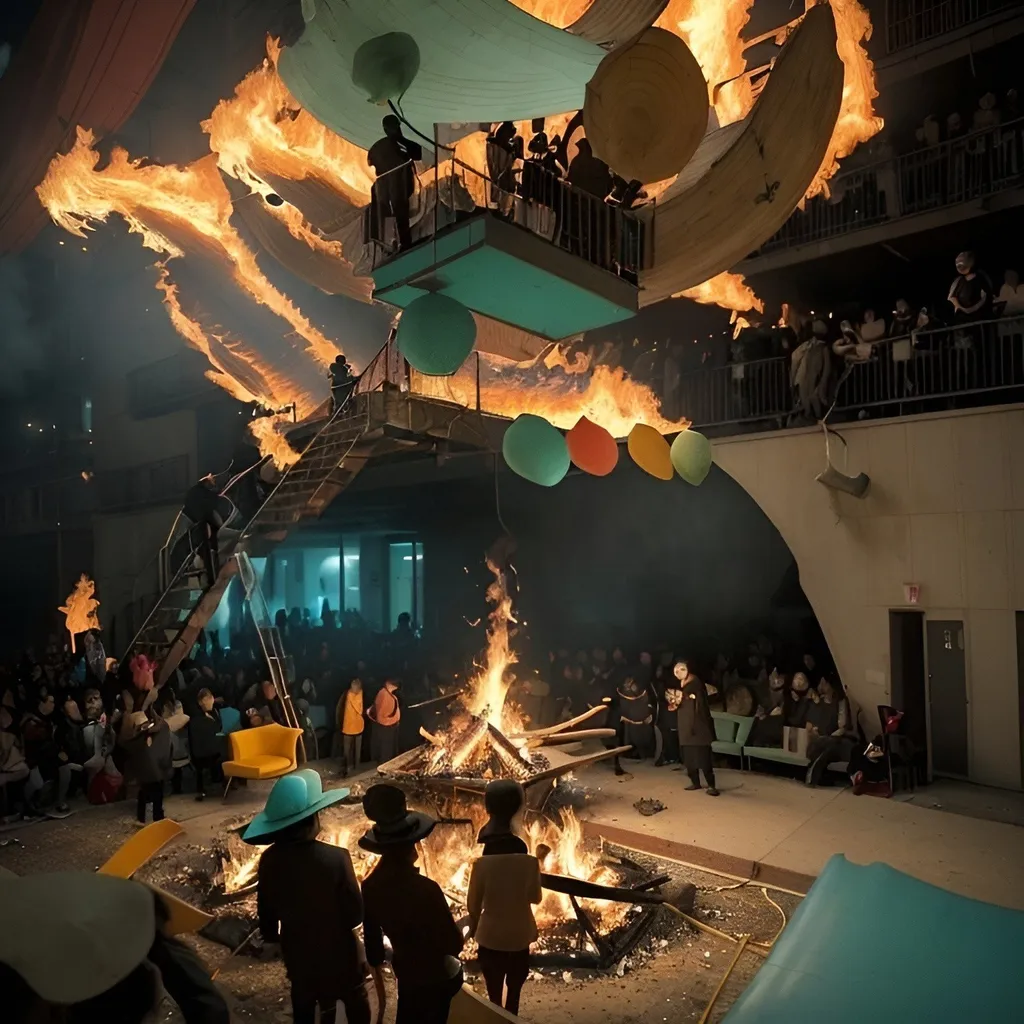 Prompt: a group of people standing around a fire, by Simon Gaon, conceptual art, with furniture overturned, parade, jaeyeon nam, splash of color, yoichi hatakenaka, kano), cyan, live performance, hot food, [ realistic photo ]!!, costume, art station 