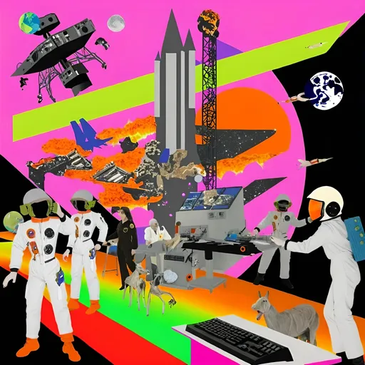 Prompt: 70s sci-fi movie poster, in the style of American Space race and astronaut crew in the control room with lots of computer screens, a moon base is being built in Earth's orbit. There's an explosion outside, and ships are flying around in space. The astronauts have white helmets and black jumpsuits, and they look like scientists with fantastical time machine gear and futuristic technology.
