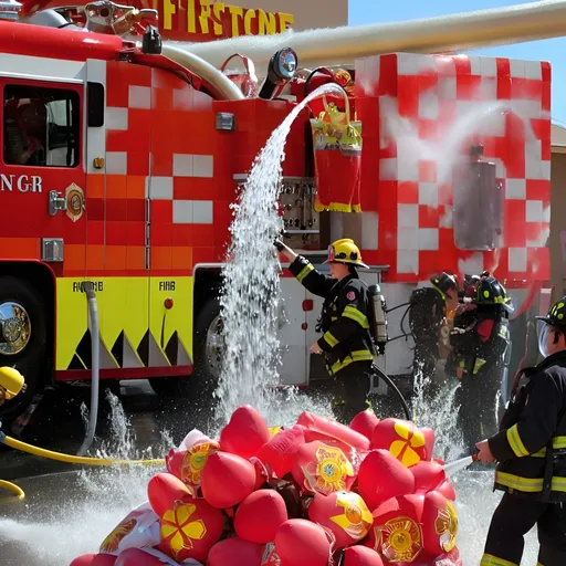 Prompt: A wild and colorful scene with a fiery redhead rocking a skimpy red bikini and a firefighter helmet, wielding a hose and blasting water. Behind her, a bunch of firefighters in their gear, including a dude in a black jacket with yellow stripes. Bright red fire truck with a "Firestone" logo in the background, surrounded by fire hoses and water splashing everywhere.