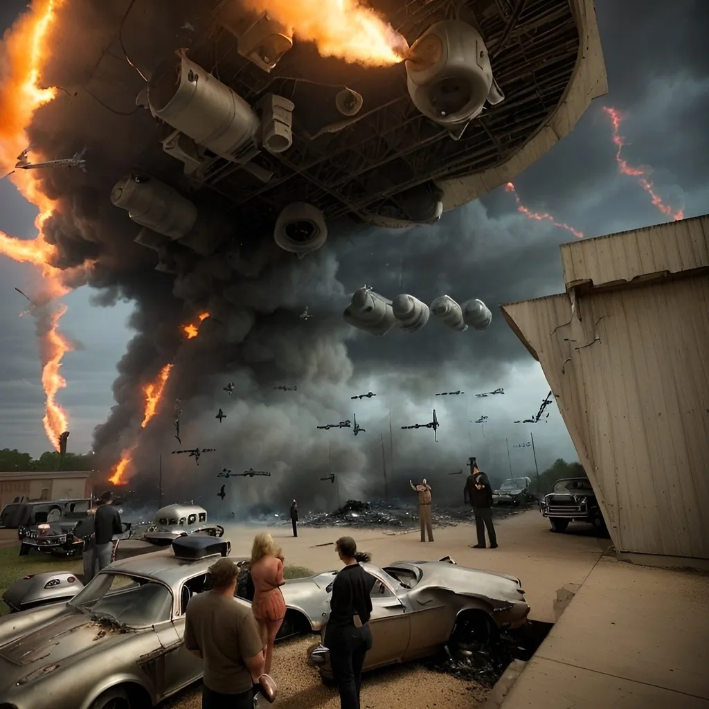 Prompt: a group of people standing in front of a building with smoke coming out of it, by Robert Childress, conceptual art, drive in movie theater, scale model photography, smokey cannons, time travelers appear in a park, red sprites in the atmosphere, photo courtesy museum of art, lots of flying cars, oklahoma, 2013, nigth, yard, vehicles on fire
