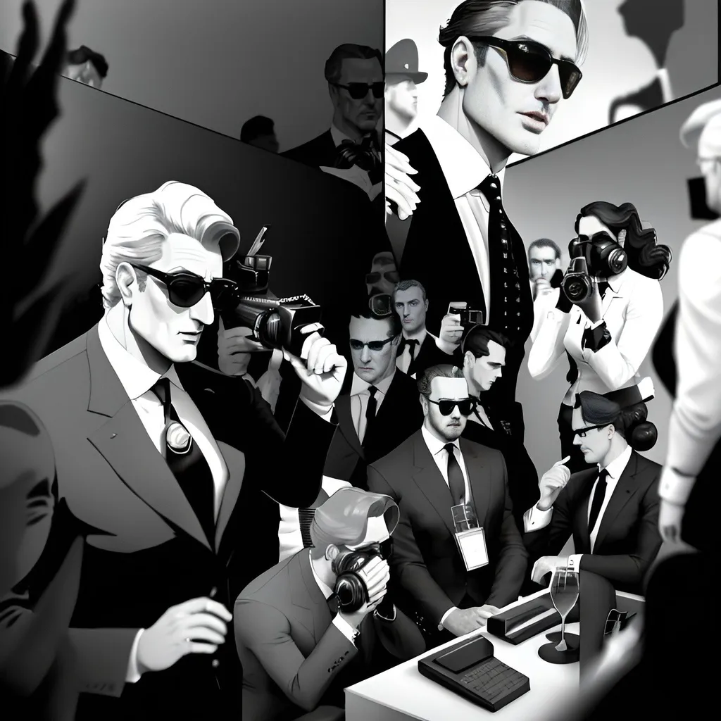 Prompt: a collage of black and white photos of men in suits, inspired by Aniello Falcone, paparazzi photograph, 15081959 21121991 01012000 4k, 1960s spy, handsome and elegant, gray men, grid, on display, hugh detailed, captura