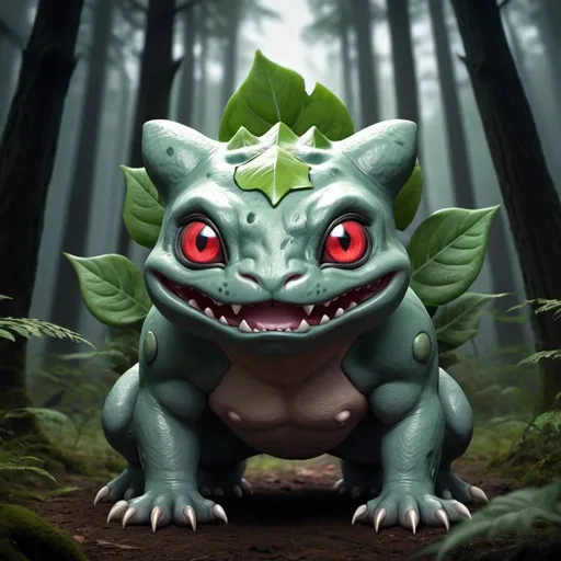 Prompt: create a Demon Bulbasaur, Red Eyes black pupils, ultra detailed face, full body dynamic pose, standing in front of a dark forest background, a character in the style of hyper realism and Skyrim, Character concept, official art, precise lines, 32k, concept art, symmetrical, dynamic pose, ultra detailed, realistic eyes
