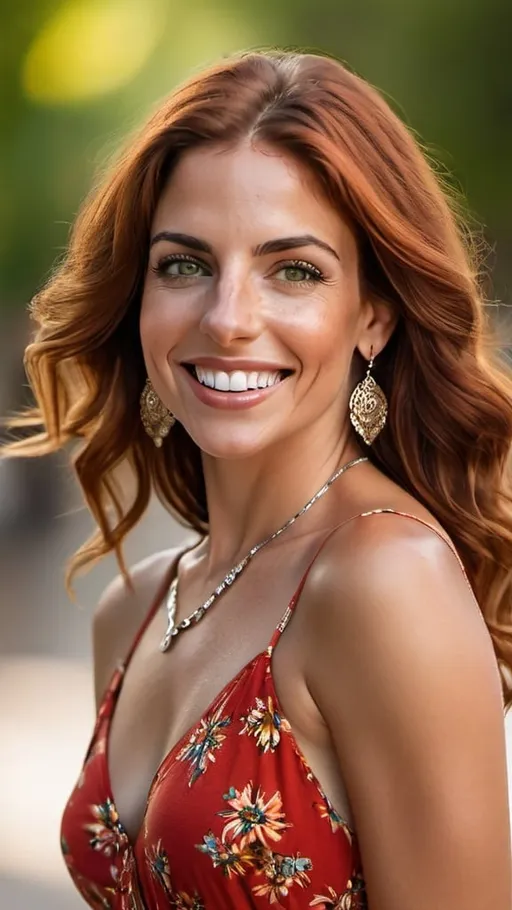 Prompt: beautiful Latina lady in her middle 30s, big smile almost perfect teeth, slight separated front teeth, masterpiece, green eyes some red, brown middle hair, skin pores, freckles, full lips, minimalist jewelry, full body, (exquisitely detailed real skin texture, Detailed glossy skin), earrings, outdoors, light makeup, close up portrait, summer dress, hyperdetailed photography, soft light, head and shoulders portrait, realism, realistic, raw, portrait, photorealistic, analog, cover