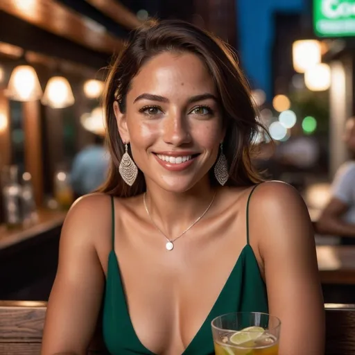 Prompt: beautiful Latina lady in her middle 30s, happy smile, green eyes, brown middle hair, skin pores, freckles, full lips, minimalist jewelry, earrings, summer night cocktail dress, having a drink in a night pub in New York, outdoors, light makeup, hyperdetailed photography, realism, realistic, raw, photorealistic, analog
