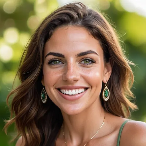 Prompt: beautiful Latina lady in her middle 30s, big smile almost perfect teeth, green eyes, brown middle hair, skin pores, freckles, full lips, minimalist jewelry, upper body, earrings, outdoors, light makeup, hyperdetailed photography, soft light, head and shoulders portrait, realism, realistic, raw, portrait, photorealistic, analog, cover