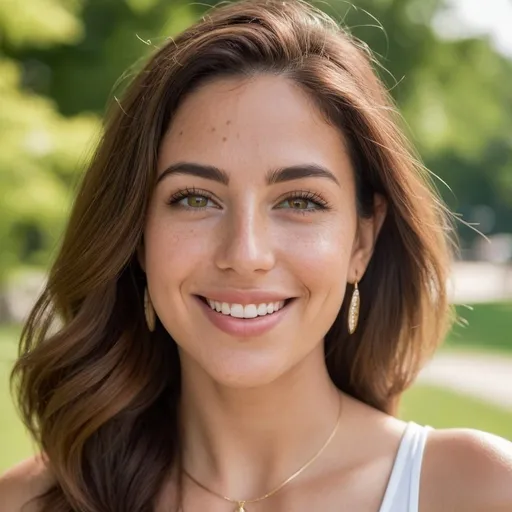 Prompt: beautiful Latina lady in her middle 30s, happy smile, green eyes, brown middle hair, skin pores, freckles, full lips, minimalist jewelry, earrings, summer clothes, playing with friends and having a fun in Cnetral park on a sunny day full of people playing around, outdoors, light makeup, hyperdetailed photography, realism, realistic, raw, photorealistic, analog
