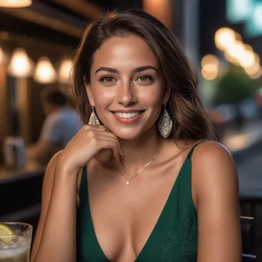 Prompt: beautiful Latina lady in her middle 30s, happy smile, green eyes, brown middle hair, skin pores, freckles, full lips, minimalist jewelry, earrings, summer night cocktail dress, having a drink in a night pub in New York, outdoors, light makeup, hyperdetailed photography, realism, realistic, raw, photorealistic, analog
