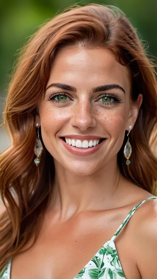 Prompt: beautiful Latina lady in her middle 30s, big smile almost perfect teeth, slight separated front teeth, masterpiece, green eyes some red, brown middle hair, skin pores, freckles, full lips, minimalist jewelry, upper body, earrings, outdoors, light makeup, close up portrait, summer dress, hyperdetailed photography, soft light, head and shoulders portrait, realism, realistic, raw, portrait, photorealistic, analog, cover