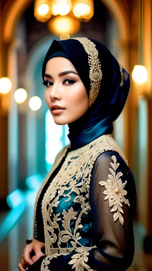 Prompt: hyper-detailed dull photo of a beautiful revealing {jakarta young woman}, venetian lace jilbab, cropped jacket, foggy old hallway, art pose, medium format, epic character composition, sharp focus, intricate filigree details, cinematic lighting, volumetric fog, award-winning, masterpiece, 64K, professionally color graded