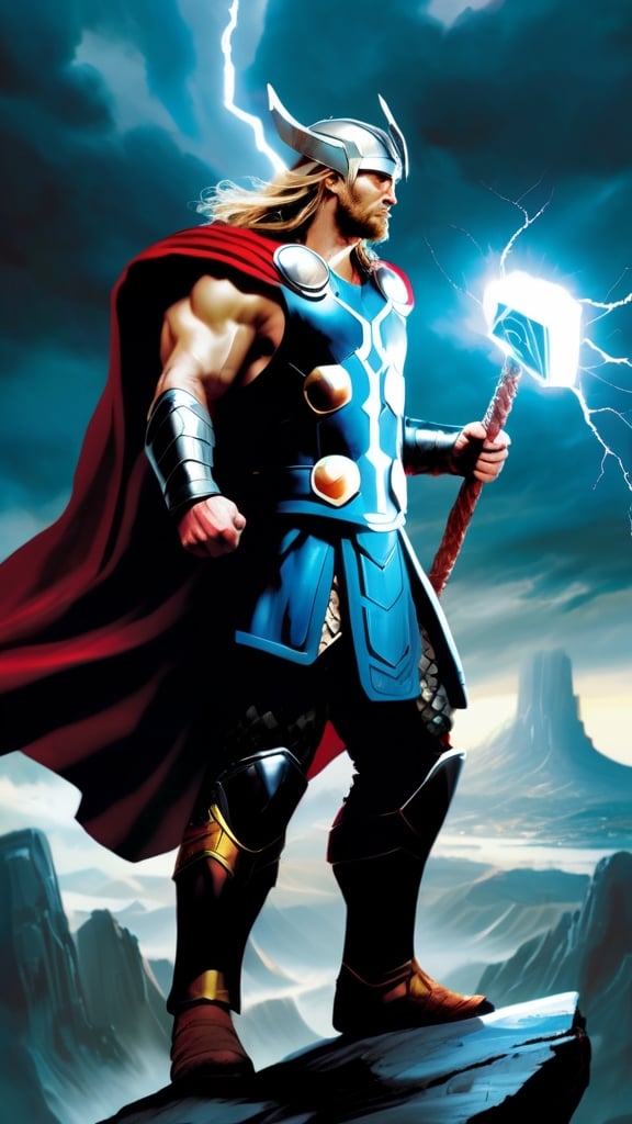 Prompt: Create a photorealistic digital painting of Thor, the mighty god of thunder, standing triumphantly atop a rugged mountain peak, his powerful physique outlined against the backdrop of a swirling storm.

Additional Details:

Thor should be clad in his iconic Asgardian armor, with his flowing red cape billowing in the wind.
His muscular arms should be raised high, gripping the mighty hammer, Mjolnir, with unwavering determination.
Mjolnir, the legendary hammer forged from the heart of a dying star, should radiate an otherworldly glow, illuminating Thor's face with an ethereal light.
The storm raging around Thor should be a spectacle of nature's fury, with bolts of lightning crackling across the sky and thunder echoing through the mountains.
Thor's expression should exude a blend of power, confidence, and unwavering resolve, reflecting his status as the protector of Asgard and the champion of humanity.
Enhancements:

Add a mythical creature, such as a majestic eagle or a fearsome frost giant, perched on Thor's shoulder or soaring alongside him, symbolizing his connection to the natural world and his mastery over its forces.
Include a glimpse of Asgard, Thor's celestial realm, in the distance, bathed in the golden light of the setting sun, hinting at the realm he protects and the people he cherishes.
Incorporate subtle Norse runes or symbols into the background, adding a layer of mysticism and connection to Thor's Asgardian heritage.