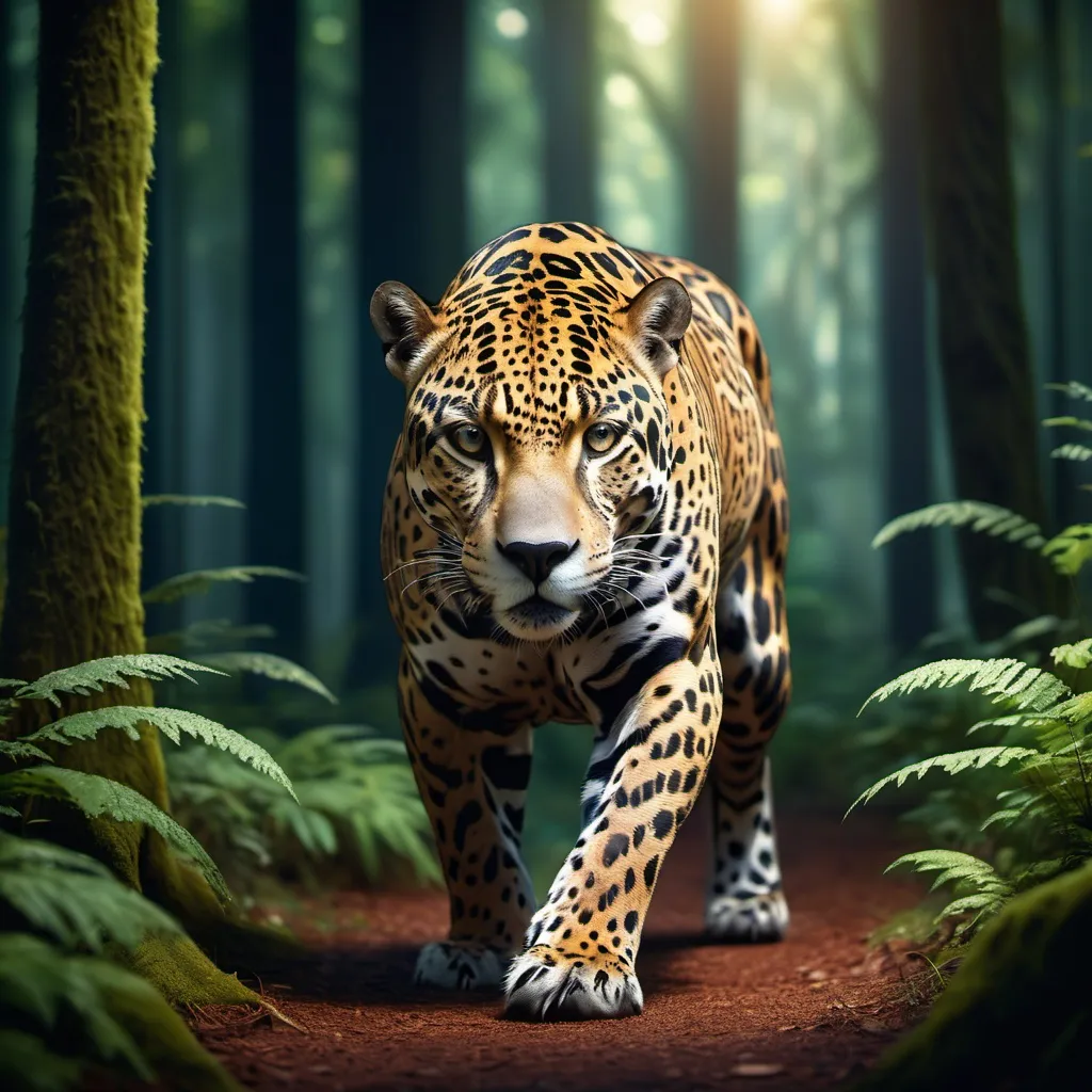 Prompt: 
a large jaguar in the illuminated forest looking at the camera walking, 4000 pixels, RGB, 1.50 MB photorealistic, jpg
