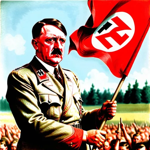 Prompt: Adolf Hitler holding a big Red flag with a white circle on the middle and a black Swastika. Colored, 1940s