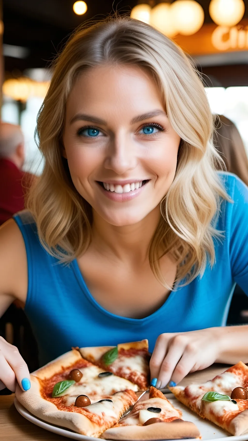 Prompt: women, natrual looking, blond hair, blue eyes, wearing a blue top, sitting in a restaurant, eating pizza, taking a bite of the pizza, smiling, looking at the viewer