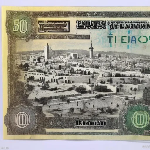 Prompt: Make me a 500 shekel bill with a picture of Jerusalem on it
