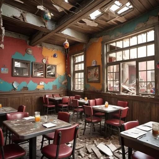 Prompt: Realistic depiction of an old restaurant, tables on both sides, colorful walls with children's decorations, front of the restaurant in ruins with destroyed stuff, collapsed pillar on a table, door on the left, high quality, realistic style, detailed interior, vintage atmosphere, debris, aged decor, distressed walls, natural lighting, kids' decorations, ruined front, vintage design, detailed tables, aged furniture