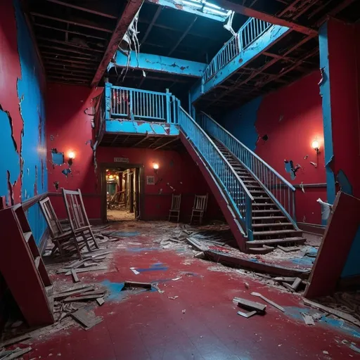 Prompt: A Place With Roller coasters inside On the Left side and right side with colored walls with red & blue lights that shine the place with stairs and it’s old & destroyed and collapse with blood on the floor and pillars that almost about to fall and tables on the floor and chairs stacked up and lights on the floor and toys on the floor 