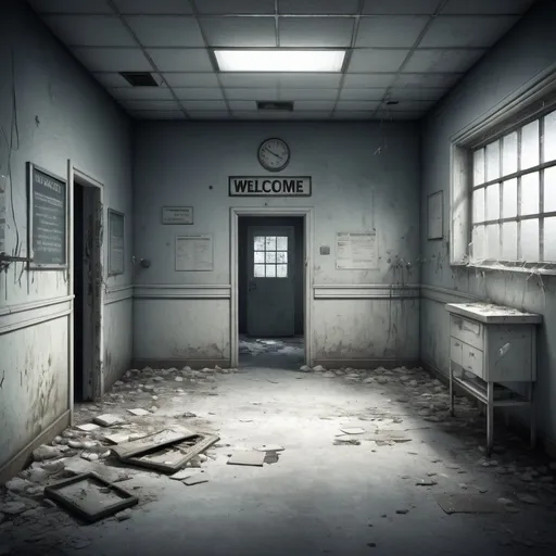 Prompt: Realistic depiction of an abandoned laboratory entrance, asylum-style walls, collapsed white metal floors, 'WELCOME' sign on the wall, scattered needles, eerie atmosphere, high detail, realism, abandoned laboratory, asylum walls, collapsed floors, needles, eerie, high quality, realistic style, atmospheric lighting