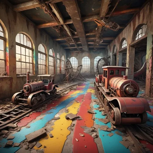 Prompt: Realistic depiction of roller coasters on a colorful, destroyed floor, old walls, scattered items, and machinery, high quality, realistic, detailed, colorful, destroyed walls, old floor, roller coasters, scattered items, machinery, atmospheric lighting