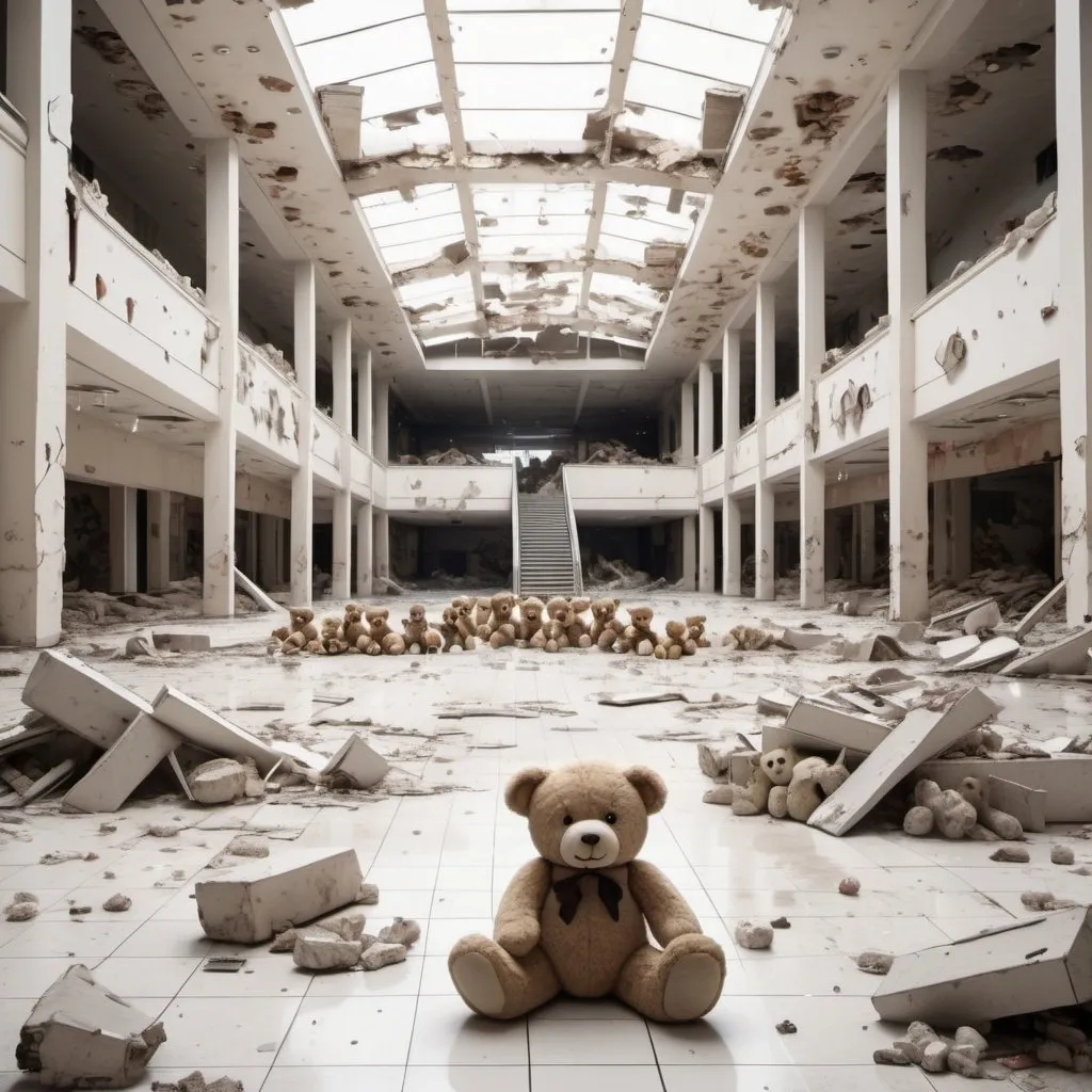 Prompt: Realistic depiction of a large, old and destroyed mall with teddy bears scattered, white walls, modern flooring, decaying atmosphere, detailed rubble and debris, large rock covered with walls and floors, high-quality, realistic, detailed, eerie lighting, abandoned, decaying, mall, teddy bears, rubble, modern flooring, white walls, large rock, detailed debris