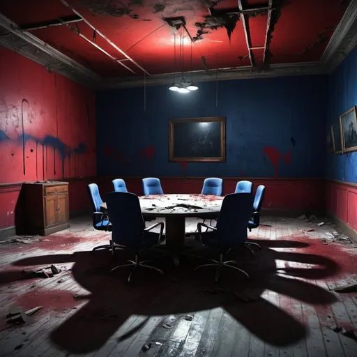 Prompt: An abandoned meeting room with collapsed colored walls, red & dark blue lighting, claw marks on the walls, a gaping hole in the floor, table against the wall, scattered chairs, high quality, digital art, eerie atmosphere, dramatic lighting, dark tones, detailed decay, eerie, abandoned, collapsed walls, claw marks, dramatic lighting, eerie atmosphere, high quality, digital art, dark tones