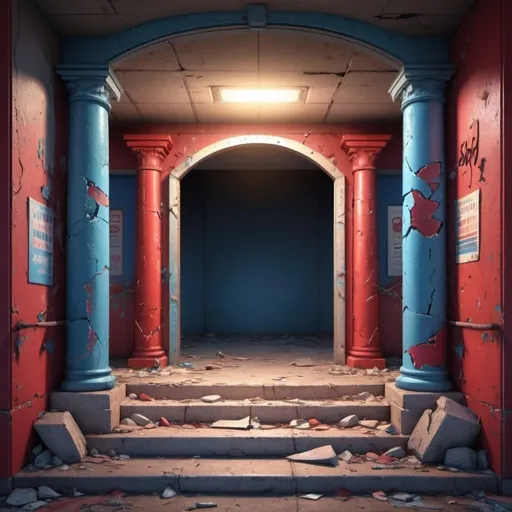 Prompt: Realistic illustration of an abandoned entrance with colored walls, broken pillars, red and blue lights, kids decorations, welcome signs, high quality, detailed, realistic style, abandoned setting, broken pillars, colorful lights, signs, kids decorations, urban decay, detailed textures, atmospheric lighting