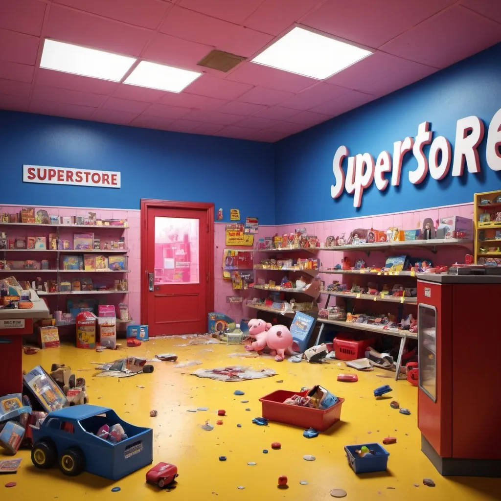 Prompt: old & destroyed superstore, red & blue walls, yellow floors with white dots, tables, 'SuperStore' sign, scattered toys, red & pink lighting, huge hole in the wall, gate, detailed, high quality, realistic style, atmospheric lighting, huge, realism, detailed, atmospheric lighting, red & blue walls, yellow floors, 'SuperStore' sign, scattered toys, big hole in the wall