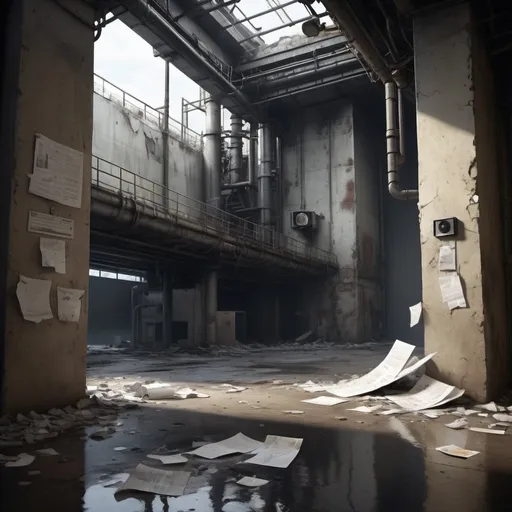 Prompt: Realistic depiction of an entrance with security cameras, dilapidated refinery-like walls, collapsed pillar, scattered papers on the floor, sewer lighting, high quality, realism, security cameras, dilapidated walls, collapsed pillar, scattered papers, sewer lighting, detailed, atmospheric lighting
