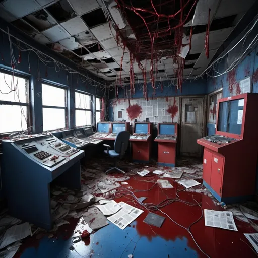 Prompt: Old, collapsed control room with newspaper walls, blood and wires on the floor, red and blue hanging lights, kids decorations, destroyed environment, high quality, detailed, dystopian, abandoned, eerie lighting, collapsed control room, newspaper walls, blood-stained floor, wires, red and blue hanging lights, kids decorations, destroyed environment, dystopian, abandoned, eerie lighting