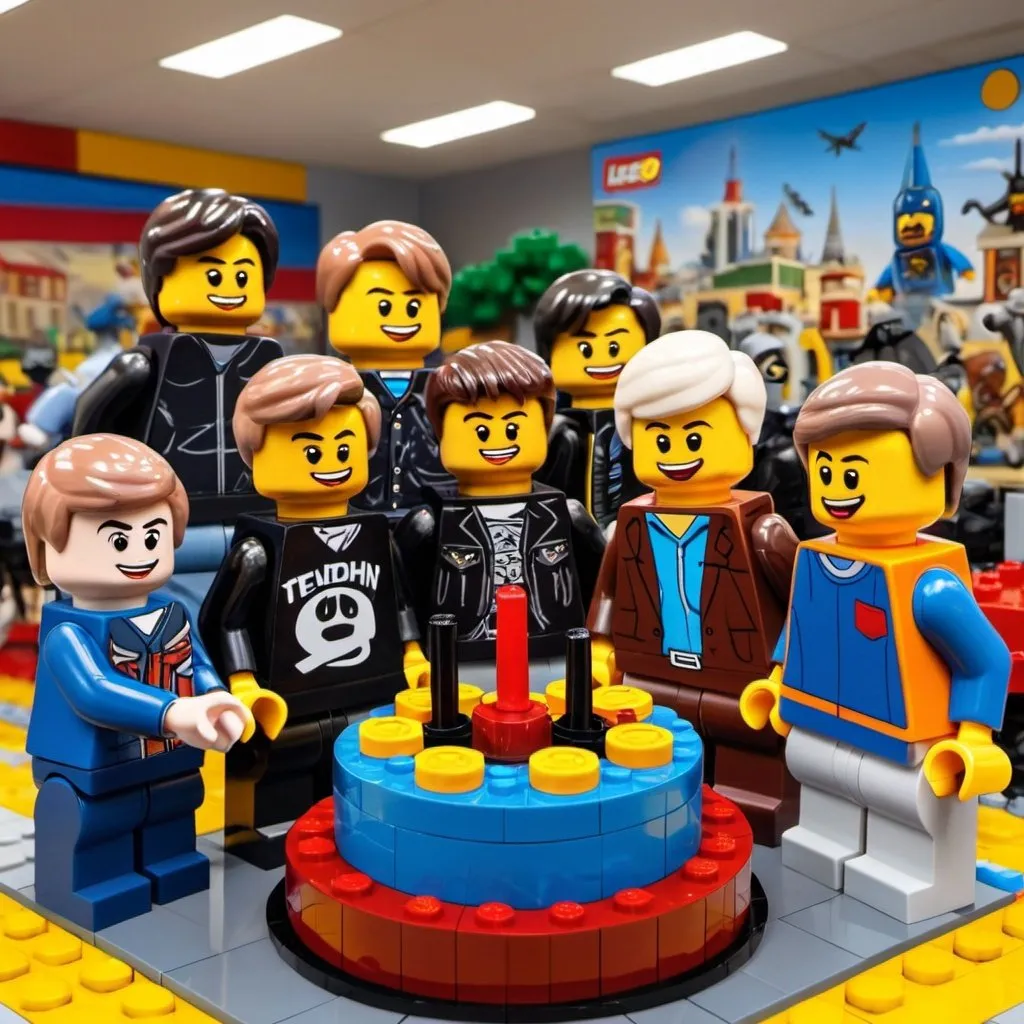 Prompt: a animated boys tenth birthday in Lego land with his friends 


