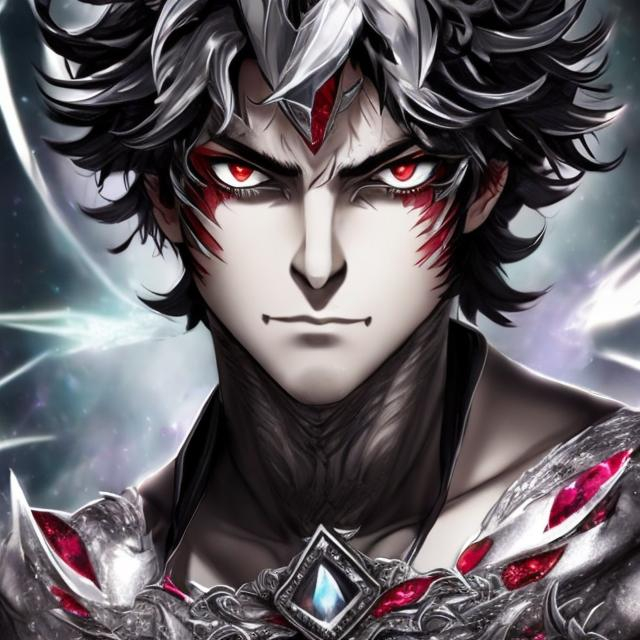 Prompt: A handsom man with red eyes and black hair color and a sharp nose and a silver crown with crystals on both side of it