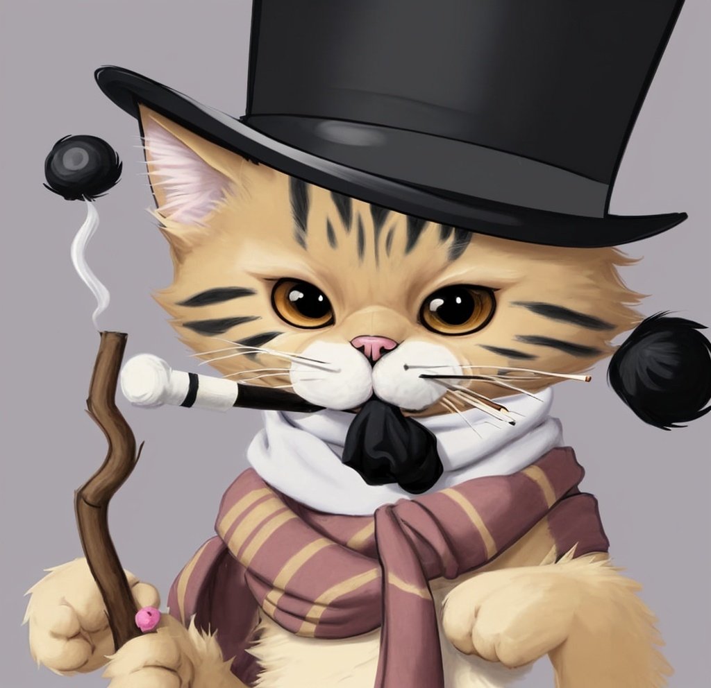 Prompt: a cartoon of a cat with a top hat and scarf on, holding a stick and a cigarette in its mouth, artist, furry art, toy, a child's drawing