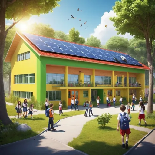 Prompt: a school into a vibrant eco-paradise, with solar panels, recycling bins, and happy students or going green.