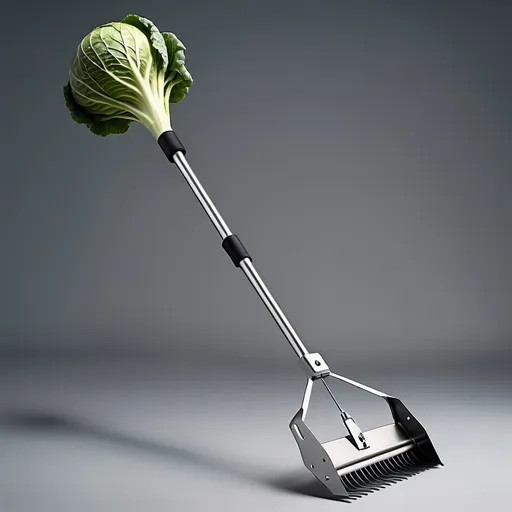 Prompt: Illustrate a unique cabbage harvesting tool: a sleek, upright design with a long, sturdy handle, a curved stainless steel blade at the end that also acts like a basket. The tool should have an adjustable handle and a foot pedal for easy operation. Emphasize its ergonomic features and modern appearance, showcasing the tool against a plain background.