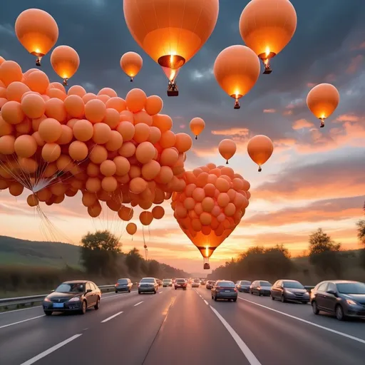 Prompt: Full of  orange cloud with sunset with many air balloons with traffic highway road