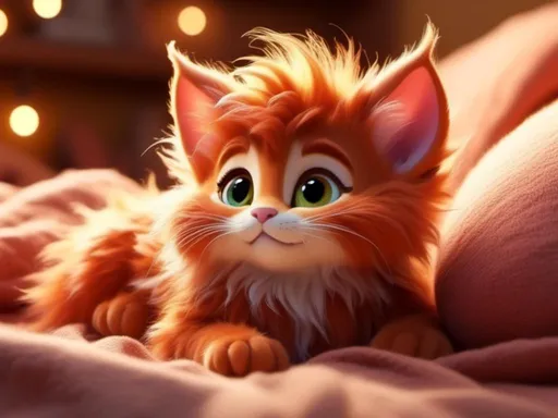 Prompt: <mymodel>Playful kitten with mischievous expression, soft and cozy digital illustration, fluffy fur with warm highlights, charming and vibrant, playful, whole body, detailed eyes, high quality, cozy, warm tones, digital, detailed fur, whimsical, mischievous, bed, playful environment, professional, atmospheric lighting