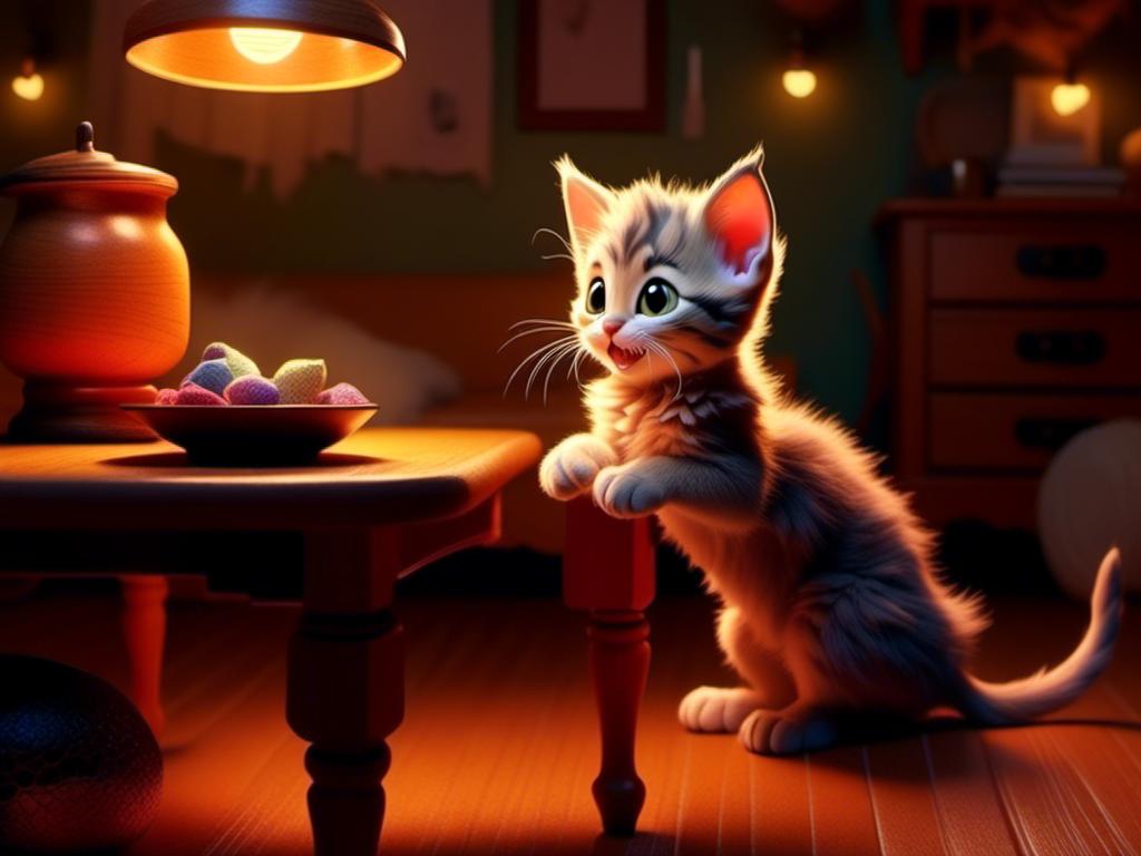 Prompt: <mymodel>digital illustration of a mischievous kitten, realistic fur texture, playful expression, vintage interior setting, wooden furniture, warm and cozy lighting, high quality, detailed, realistic, mischievous kitten, playful, vintage interior, wooden furniture, realistic fur, warm lighting, cozy atmosphere