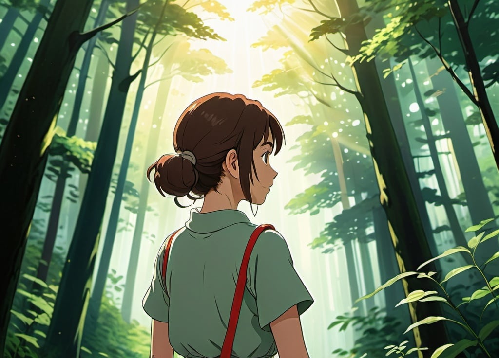 Prompt: Ghibli-style anime illustration of a young woman with her back facing the viewer, lush sunlit forest landscape, detailed foliage and sunlight filtering through, serene and tranquil atmosphere, highres, detailed, anime, studio ghibli, forest scenery, sunlight filtering through, tranquil atmosphere, detailed foliage, serene, picturesque, exquisite lighting, young woman only 1/3 of the whole picture