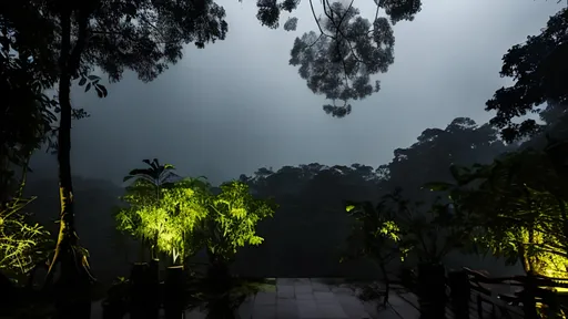 Prompt: At night, there's a downpour in the middle of the forest, with raindrops visible in the air, surrounded by large leafy plants and trees.