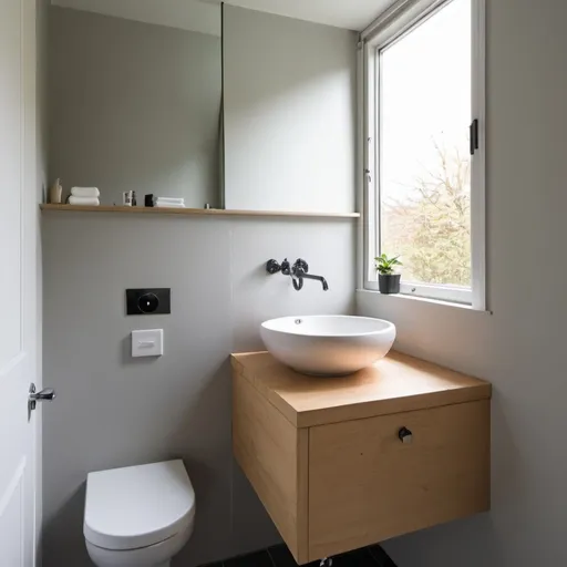 Prompt: Small bathroom with bathroom sink, without a tap and a window