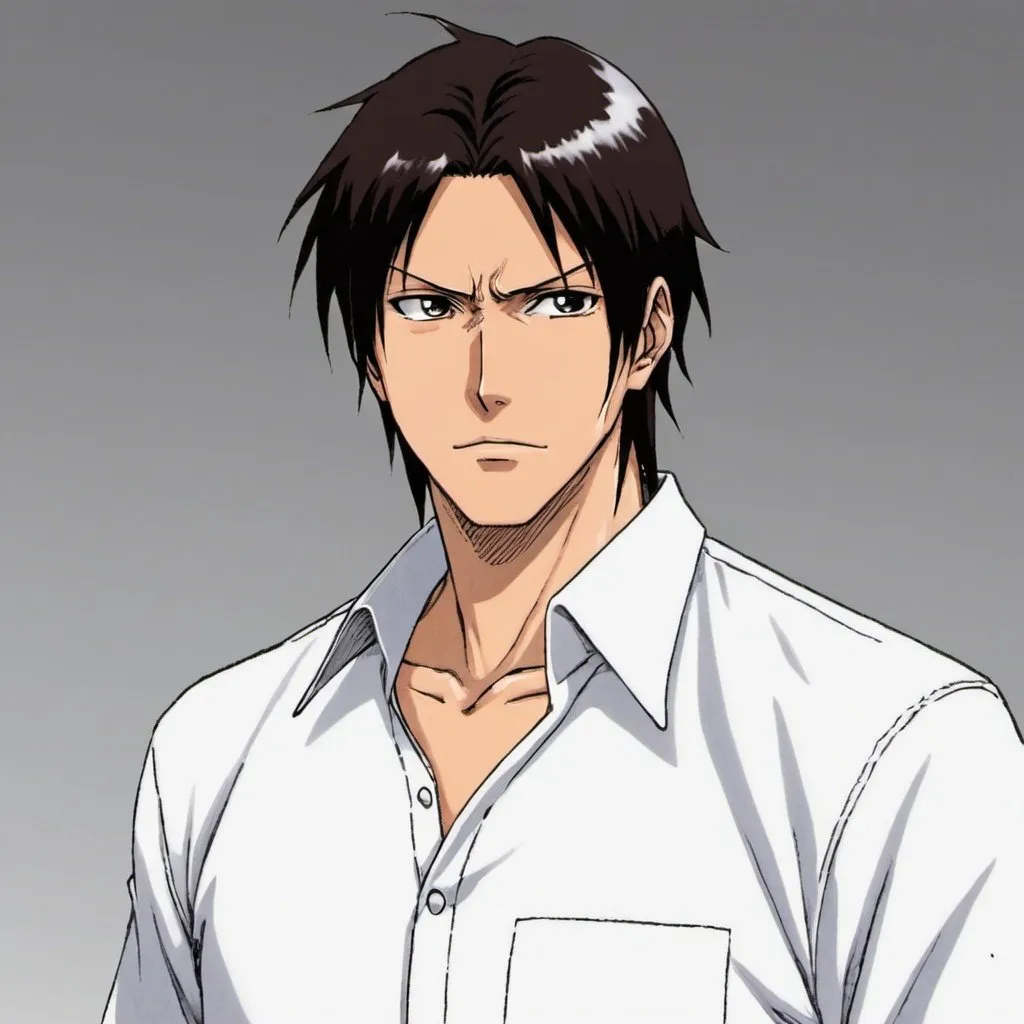 Prompt: Bleach manga chracter. Man that is about 26 years old, dark brown hair. Standing up, wearing a white work shirt, hair is pushed backed and he has a slight little smirk. He is built quite well. Standing and facing slightly to the right.