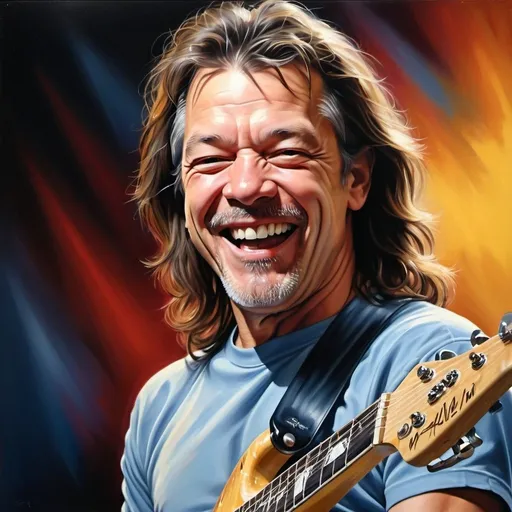 Prompt: Detailed illustration of Eddie Van Halen smiling, realistic oil painting, vibrant colors, high quality, detailed facial expressions, iconic guitar, joyful atmosphere, realistic textures, energetic, professional lighting, oil painting, vibrant colors, realistic, iconic guitar, high quality, detailed facial expressions, joyful atmosphere, energetic, professional lighting