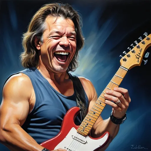 Prompt: Detailed illustration of Eddie Van Halen smiling, realistic oil painting, vibrant colors, high quality, detailed facial expressions, iconic guitar, joyful atmosphere, realistic textures, energetic, professional lighting, oil painting, vibrant colors, realistic, iconic guitar, high quality, detailed facial expressions, joyful atmosphere, energetic, professional lighting