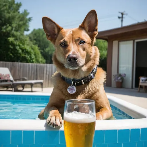 Prompt: A dog sits in a pool with a beer in his hand 